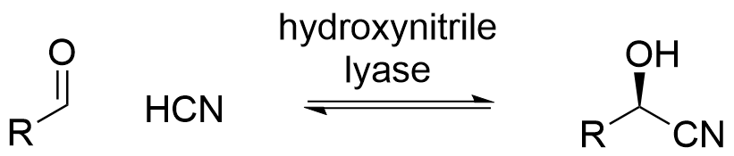 A hydroxynitrile lyase catalyzes the reversible addition of cyanide to a generic aldehyde to form a cyanohydrin with an asymmetric center. No cofactors are required.
