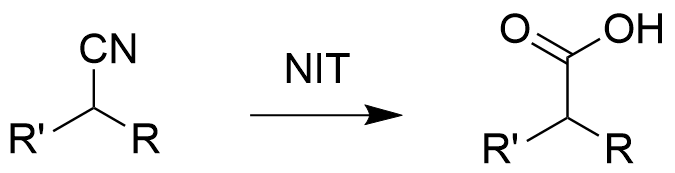 A nitrilase hydrolase irreversibly converts a generic nitrile to a generic carboxylic acid in the absence of any cofactors